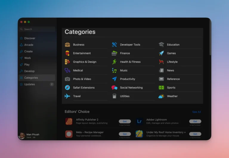 App Store dashboard in categories