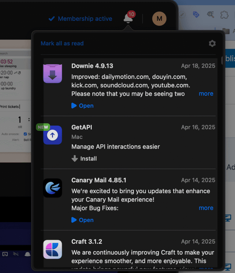 Setapp Apps Update notification on my member area