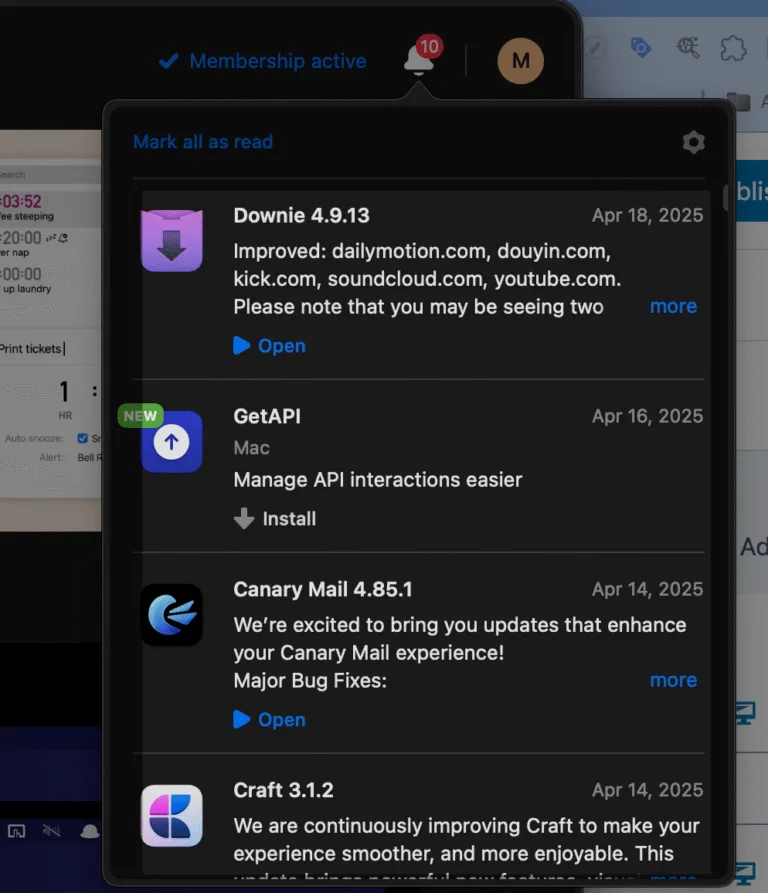 Setapp Apps Update notification on my member area